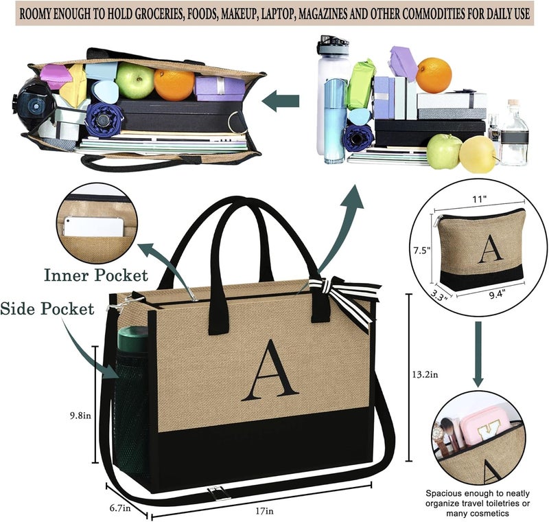 YOOLIFE Gifts for Women - Initial Jute Tote Bag & Makeup Bag, Valentines Day Gifts for Her Teacher Mom Wife Friend Birthday - Image 3